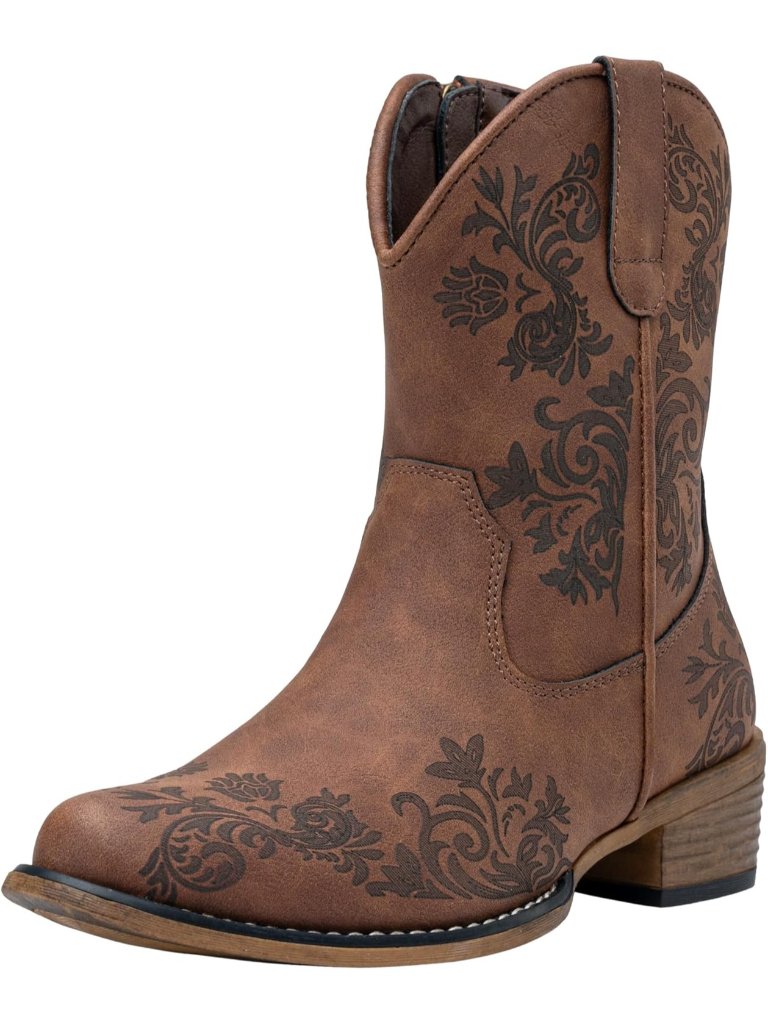 Women‘s Brown Leather Cowboy Cowgirl Ankle Western Square Toe Low Heel